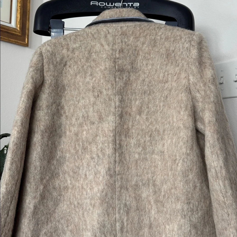 Motf Wool Blend Beige Ivory Long Duster Coat/Jacket Sz L Blue Velvet Trim - Picture 13 of 14